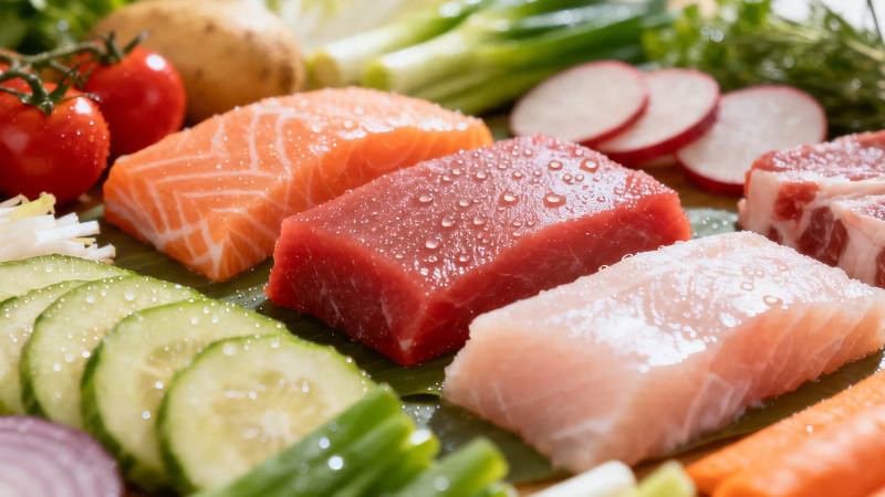 新鲜刺身拼盘配蔬菜图片