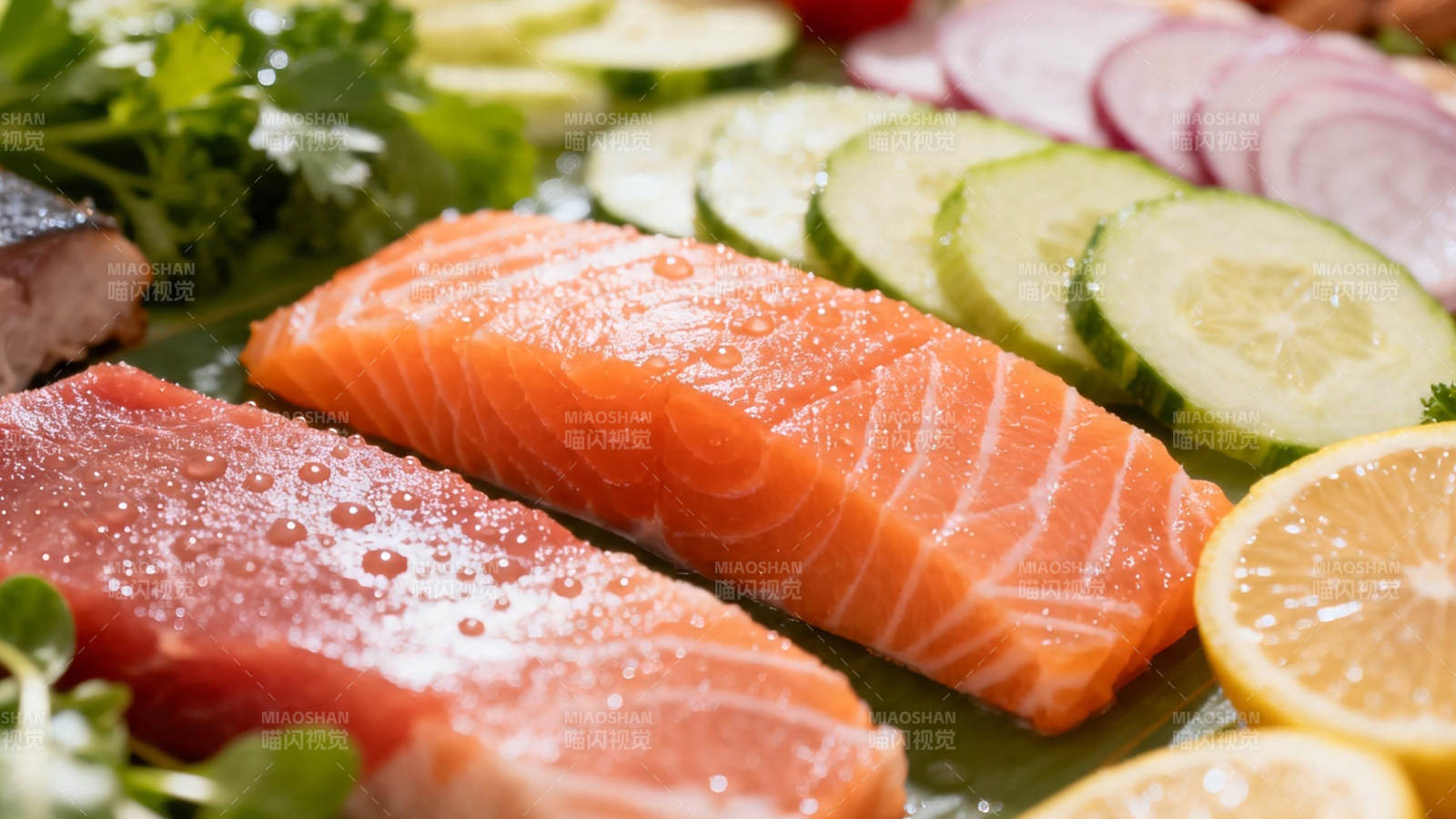 三文鱼刺身配柠檬黄瓜图片