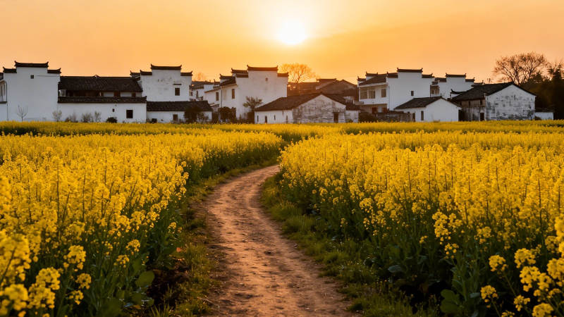 油菜花田映古村夕阳图片