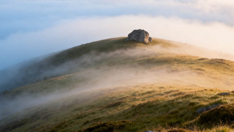 雾绕山巅 晨光初照孤石图片
