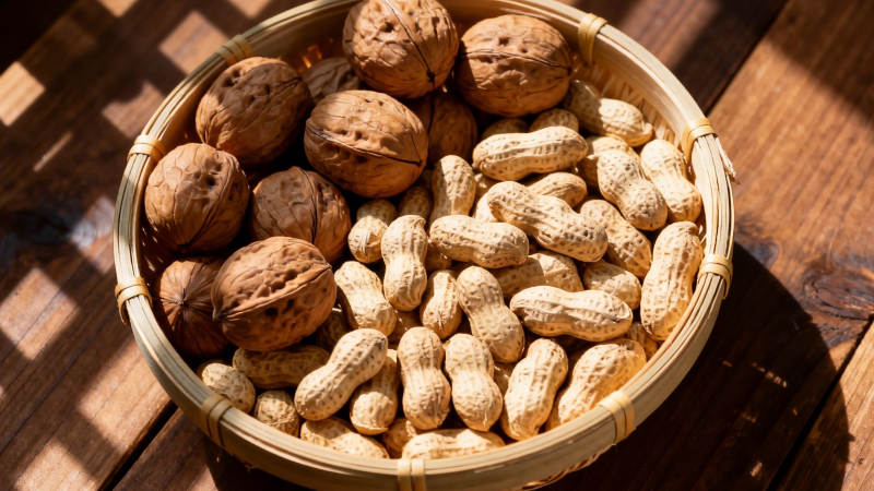篮中核桃花生 阳光斑驳香图片