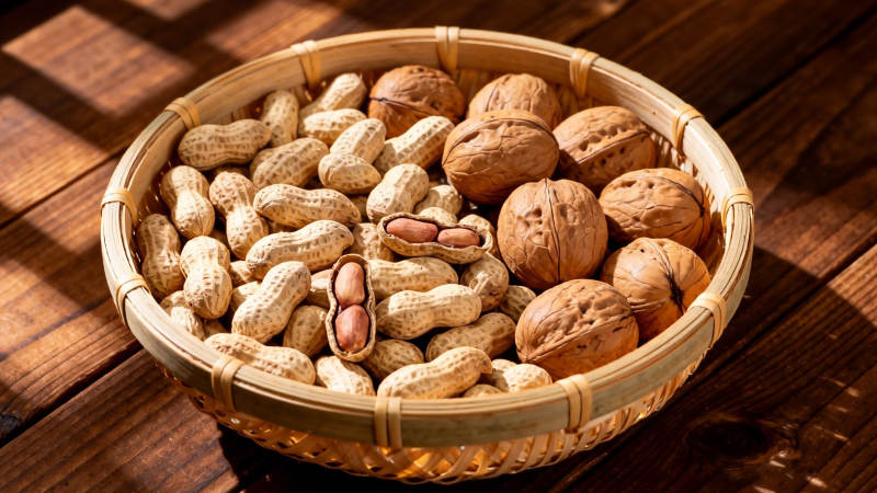 竹篮盛花生核桃 暖阳木桌香图片