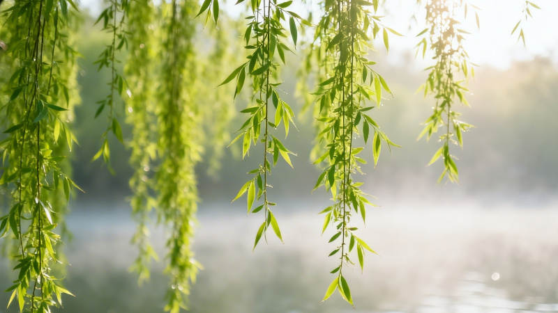 柳枝垂水 晨雾轻拂图片