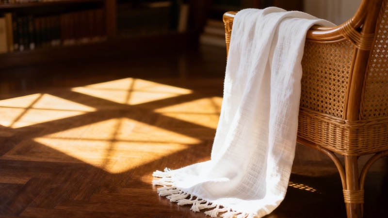 阳光洒落 白巾轻搭藤椅图片