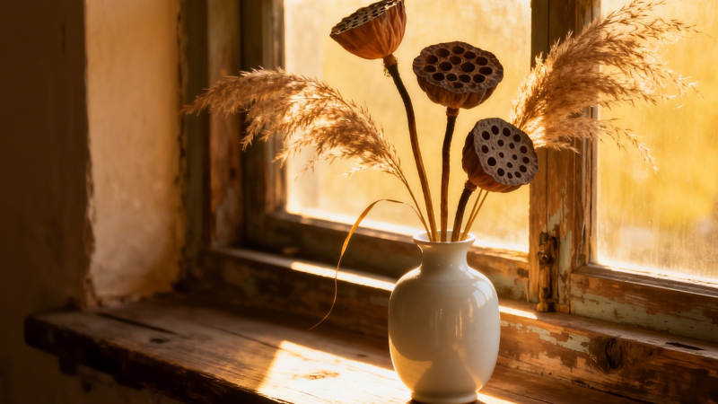 窗边干莲 暖光静美图片