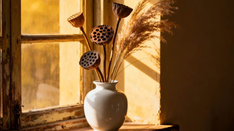 窗边莲蓬 暖光静美图片