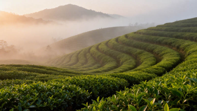 晨雾缭绕茶山梯田美图片