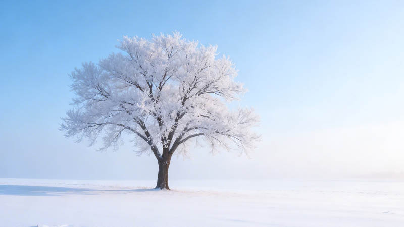 雪覆孤树 静立寒原图片