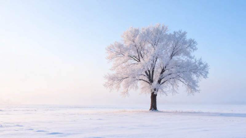 雪覆孤树 静立寒原图片