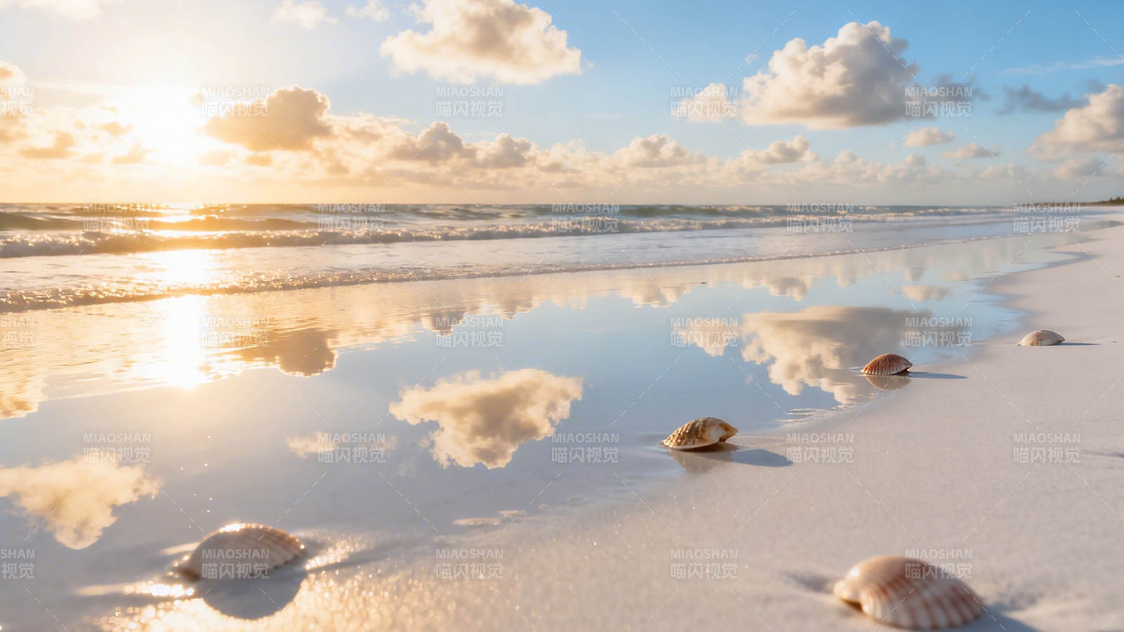 夕阳海滩 贝壳映云影图片