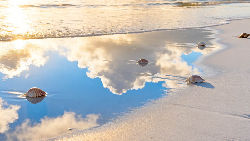 海滩贝壳映云影图片