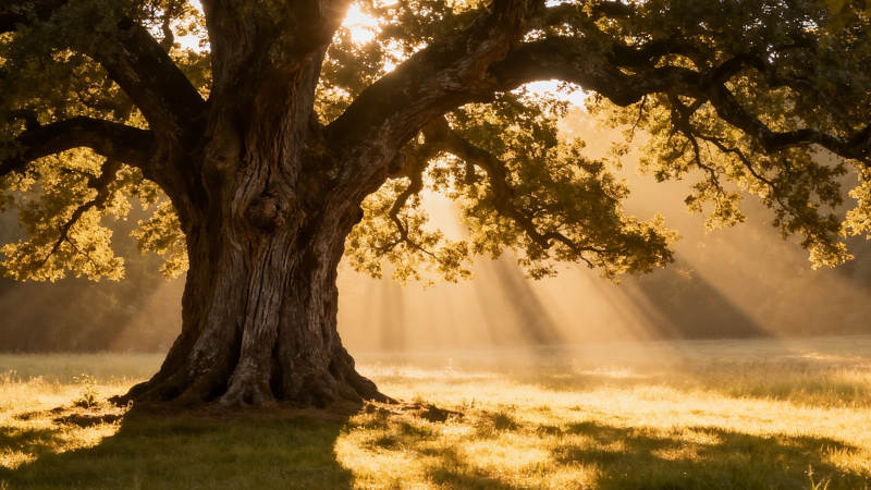 晨光穿树 金辉洒野图片