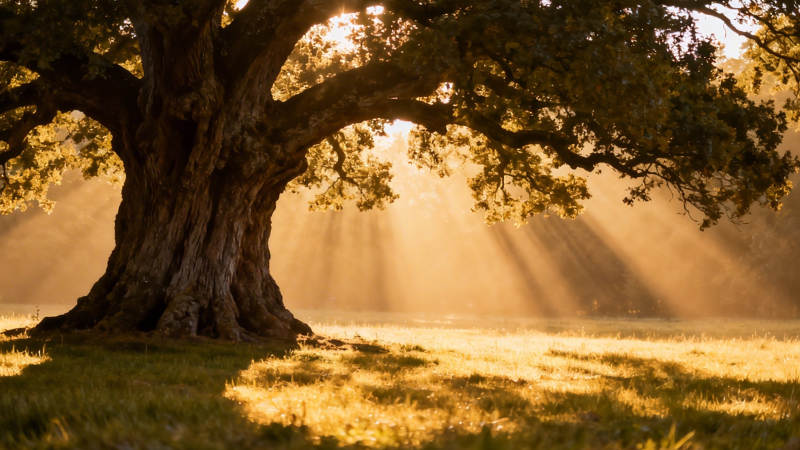 晨光穿树 金辉洒野图片