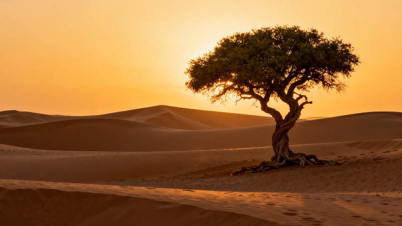 沙漠孤树 夕阳如金图片