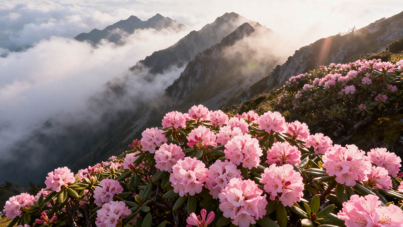 云海花山 粉樱映霞光图片