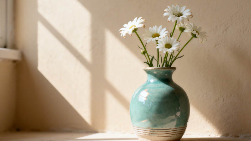 阳光下的雏菊与青瓷瓶图片