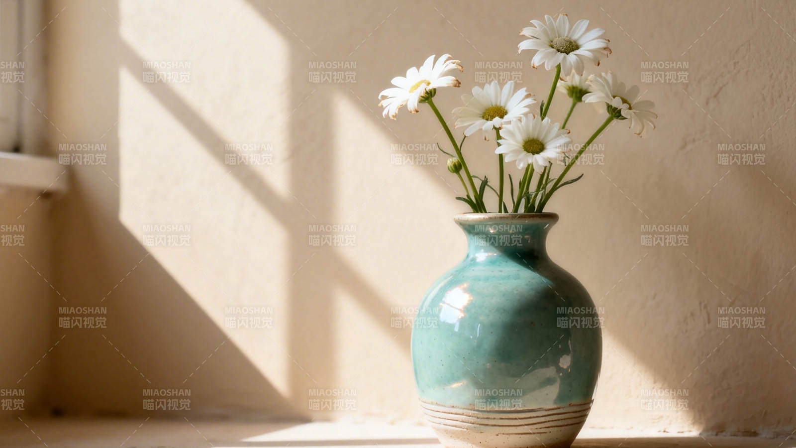 阳光下的雏菊与青瓷瓶图片