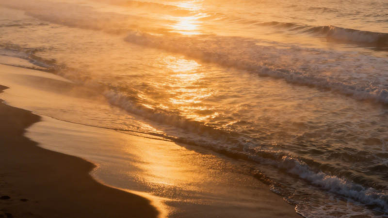 金色夕阳吻海滩图片