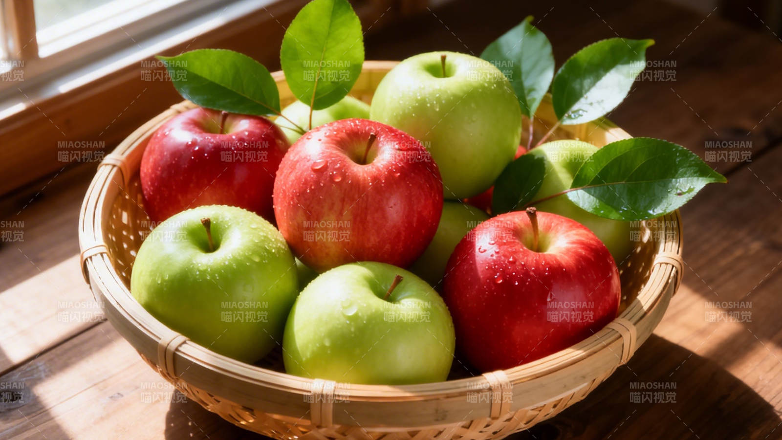 篮中红绿苹果 叶伴阳光暖图片
