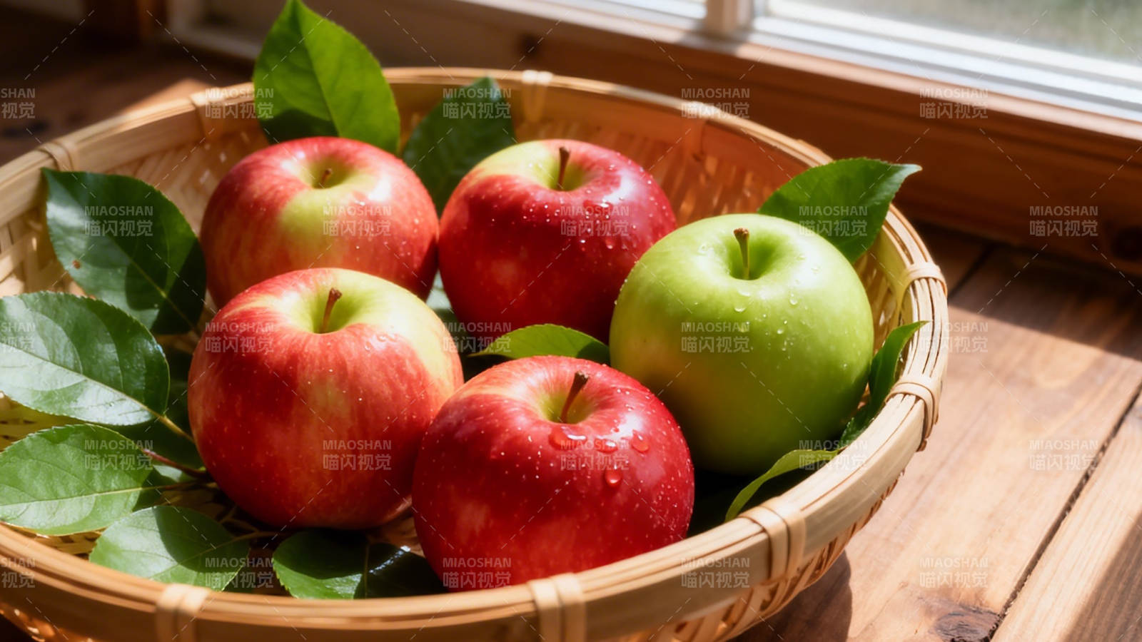 篮中红绿苹果配绿叶图片