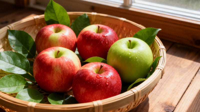 篮中红绿苹果配绿叶图片