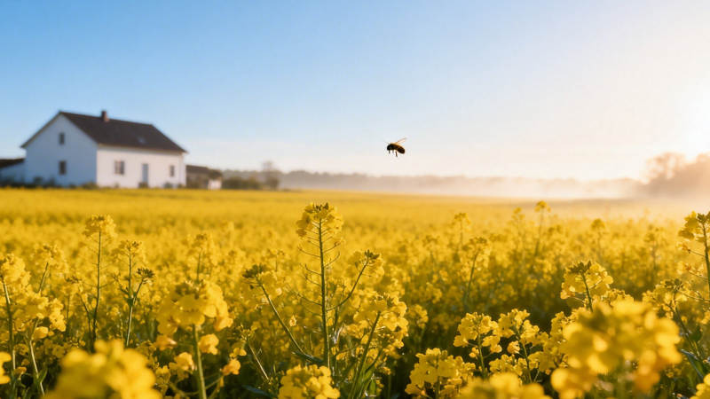 黄花田野蜂飞舞 白屋静立晨光中图片
