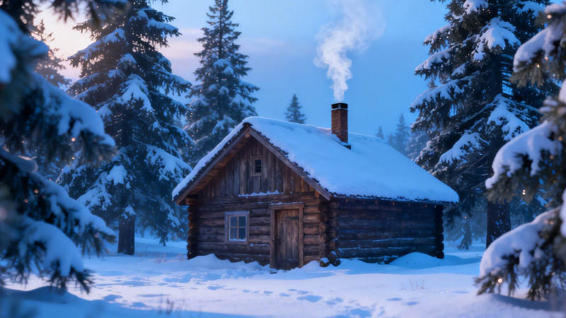 雪夜木屋 炊烟袅袅图片