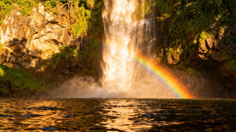 瀑布彩虹映金辉图片