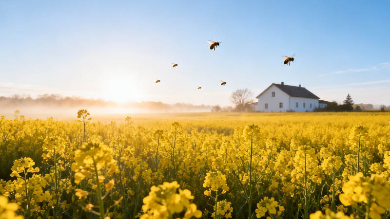 花海蜂舞 晨光映农舍图片