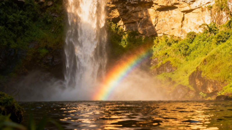 瀑布彩虹映金辉图片