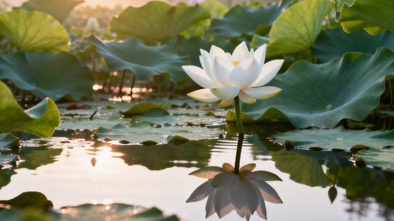 荷塘白莲映夕照图片