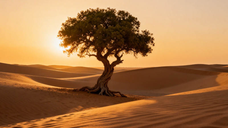 沙漠孤树 夕阳如金图片