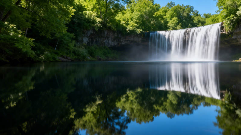 瀑布映湖 绿林环绕静如画图片