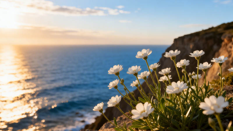 崖边白花映夕阳海光图片