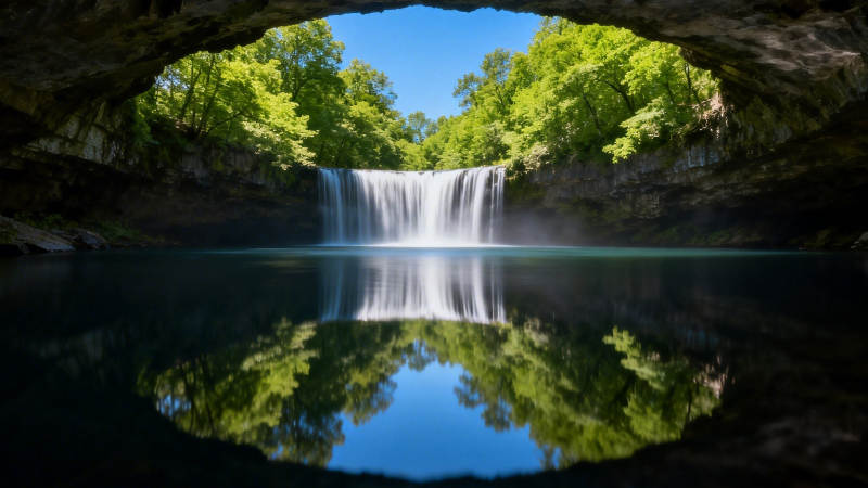 洞中瀑布 镜面倒影如画图片