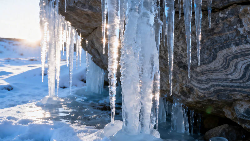 冰柱垂挂 阳光映雪岩图片