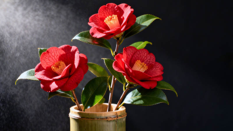 红山茶花竹筒插枝图片