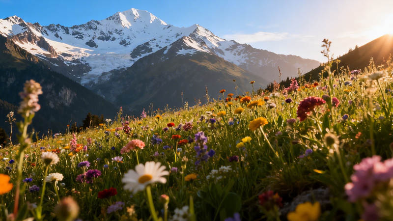 雪山花海 晨光如画图片