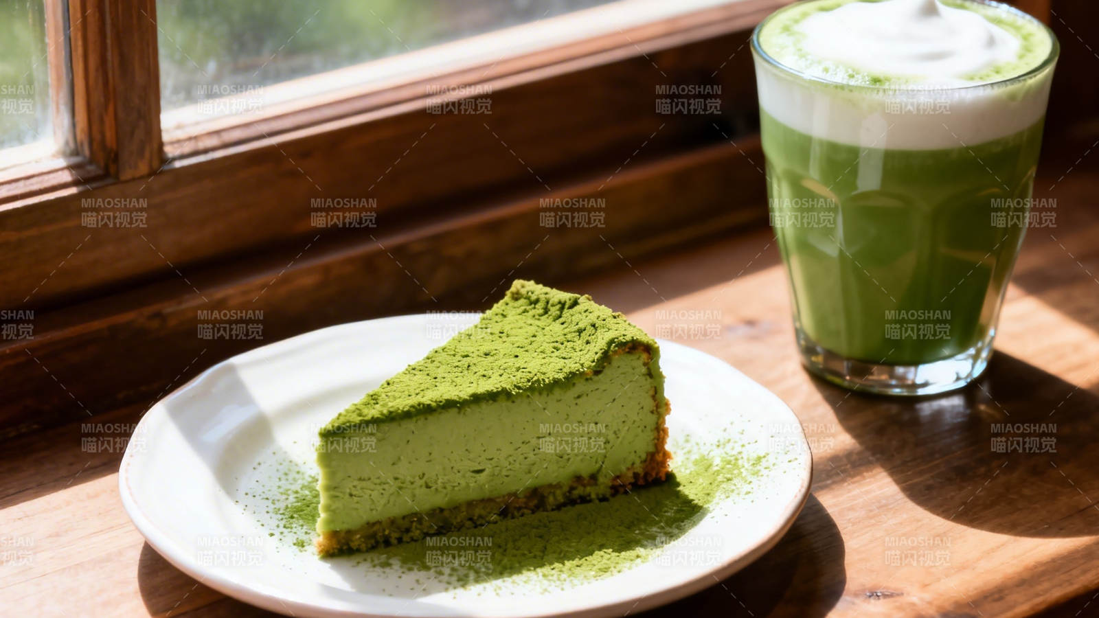 抹茶蛋糕配拿铁 窗边惬意时光图片