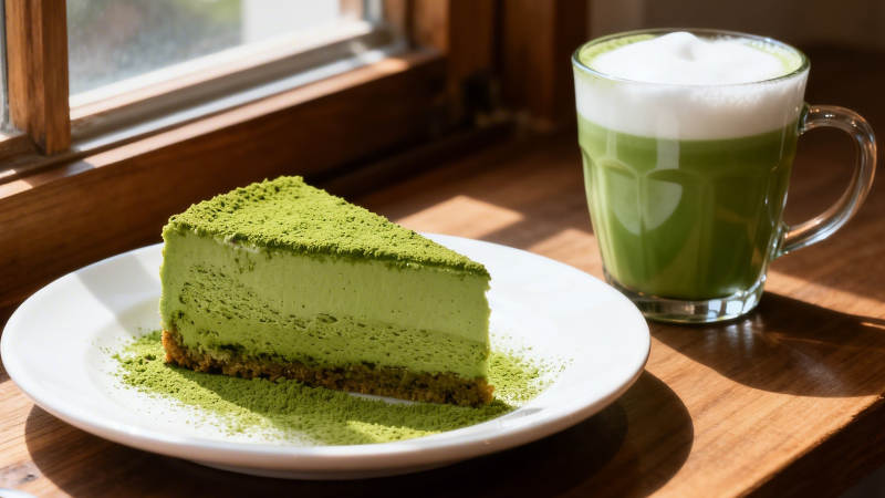 抹茶蛋糕配拿铁 窗边惬意时光图片