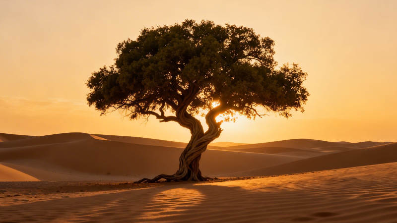 沙漠孤树 夕阳如金图片