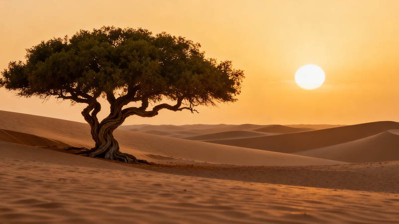 沙漠孤树迎夕阳图片