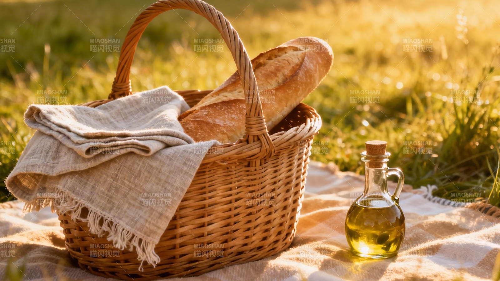 野餐篮与橄榄油 阳光草地间图片