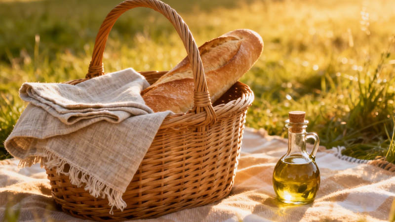 野餐篮与橄榄油 阳光草地间图片