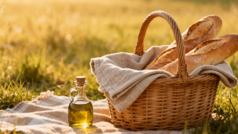 野餐篮与橄榄油 阳光田野间图片