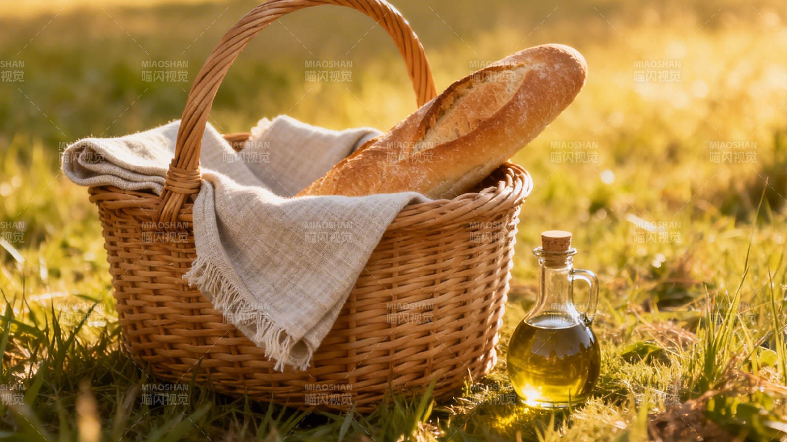 野餐篮配面包橄榄油图片