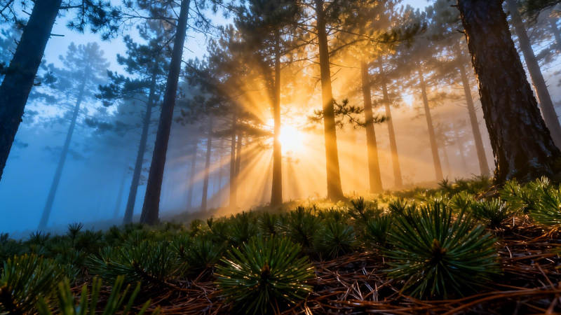 晨雾松林 金光穿树隙图片