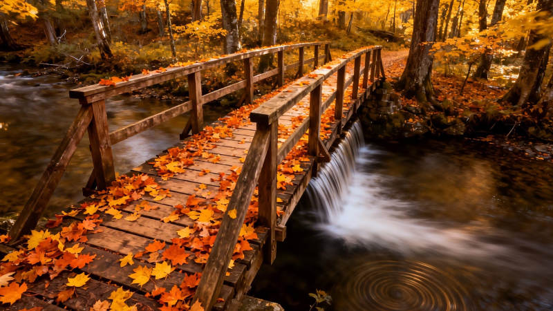 秋叶木桥流水潺潺图片