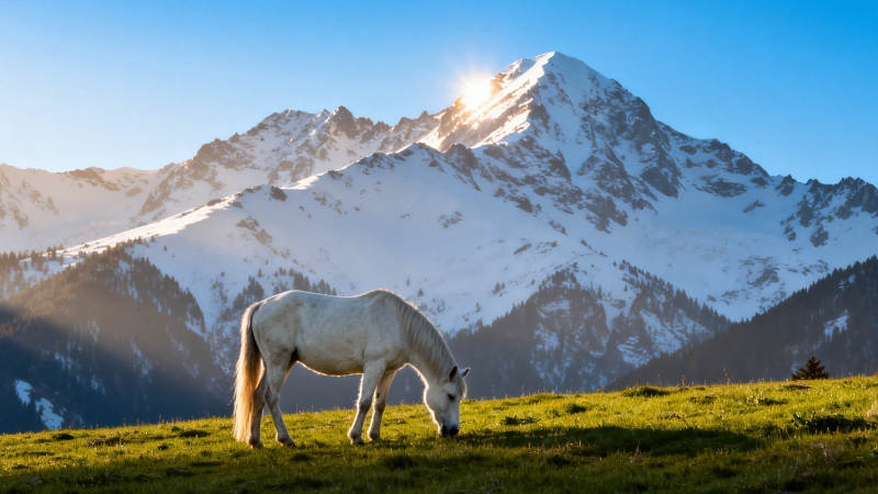 雪山下白马吃草图片