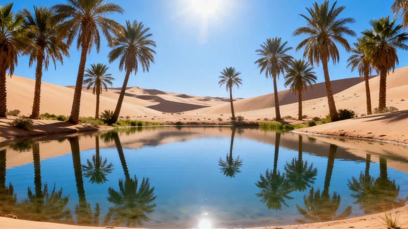 沙漠绿洲 棕榈映水 沙海生春图片
